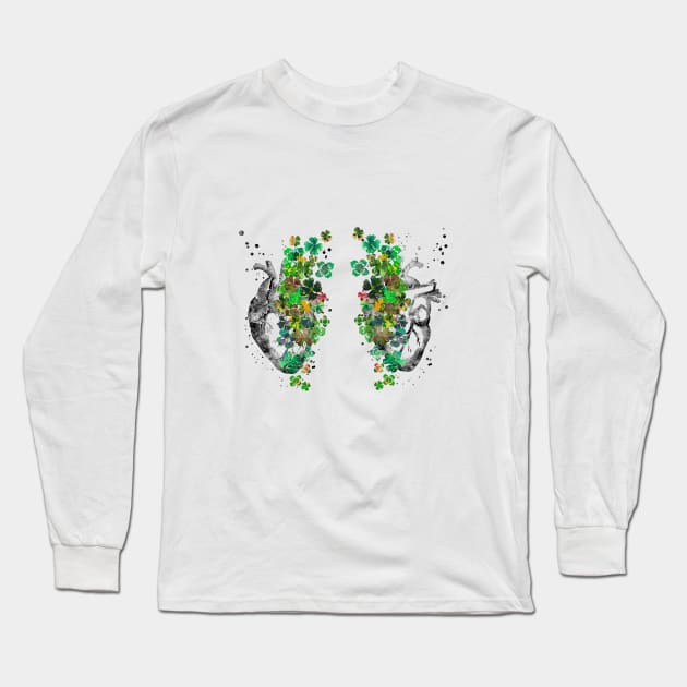 Heart anatomy, heart with four-leaf clovers Long Sleeve T-Shirt by RosaliArt